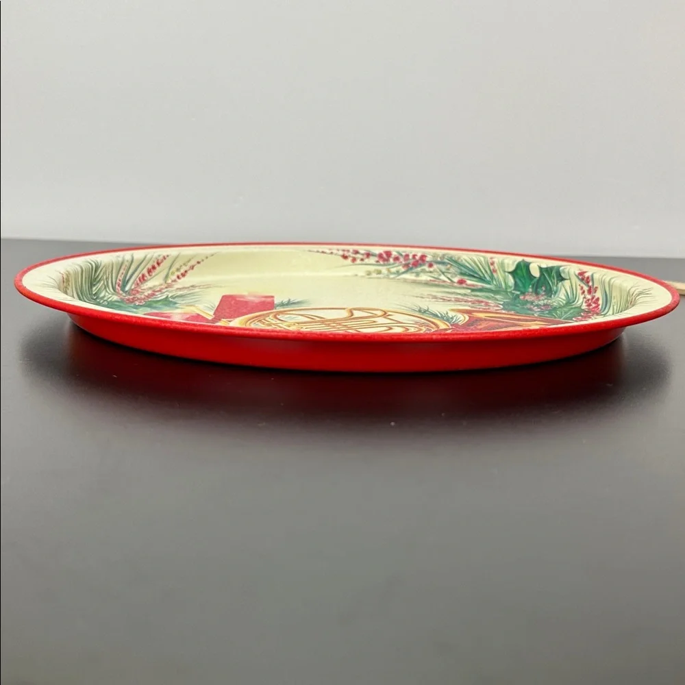 Vtg 90's Prettique Joyeux Noel Christmas Metal Round Tray Candles‎ French Horn